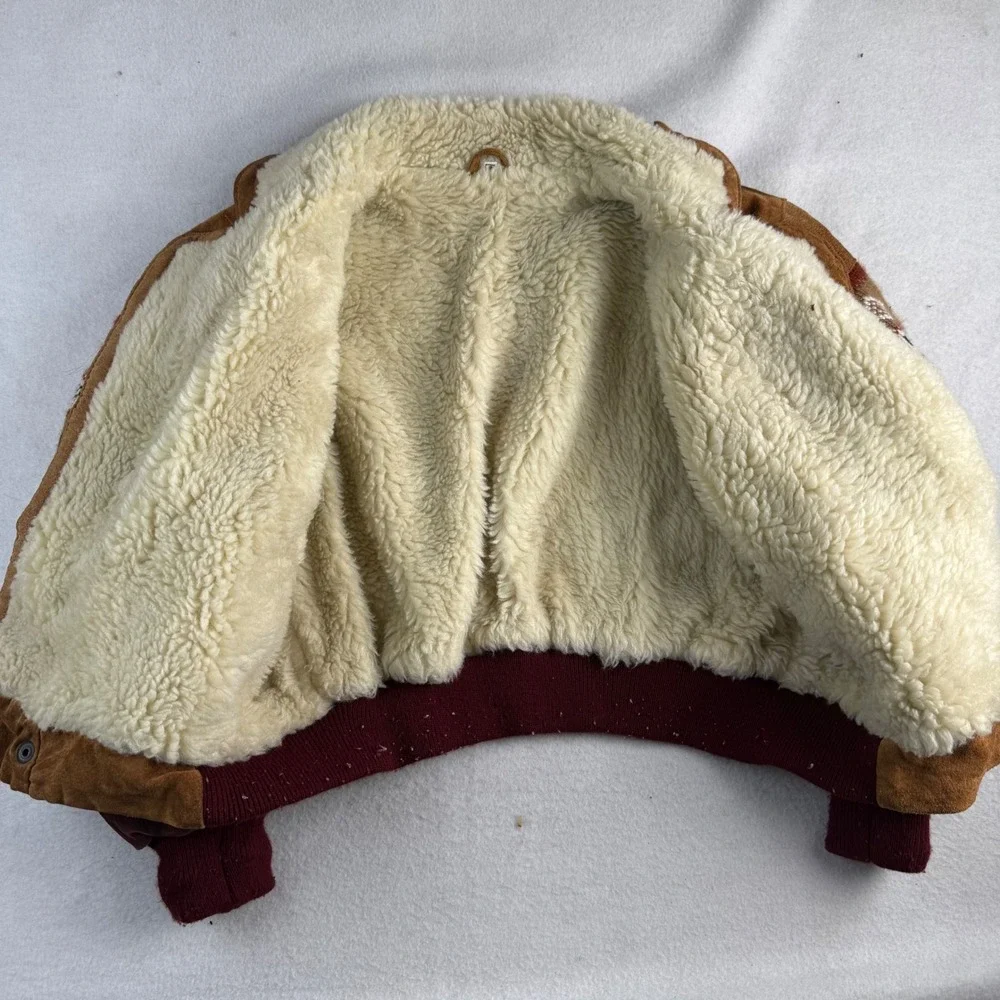 Kids Vintage Style Suede Southwestern Bomber Jacket Shearling Brown Size 12-14